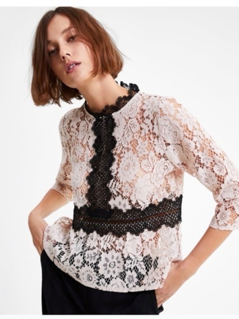 Zara Beige & Black Contrast Trim Lace Peplum Top